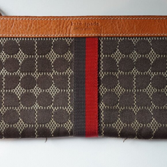 Kate Spade Wristlet Leather Trimmed Printed Tile Weaved Fabric Brown Tan - Picture 2 of 7